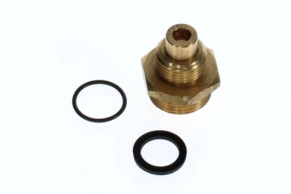 Brass fitting von Bosch mit zwei schwarzen Dichtungsringen in der Bildmitte. Die Bauform zeigt ein gewindeliges Ende zur Verbindung mit anderen Komponenten.